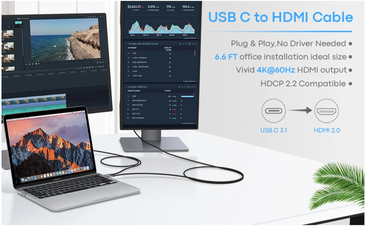 Hdmi 6,6 Kaki 4k 60hz Usb,Kabel Usb C 