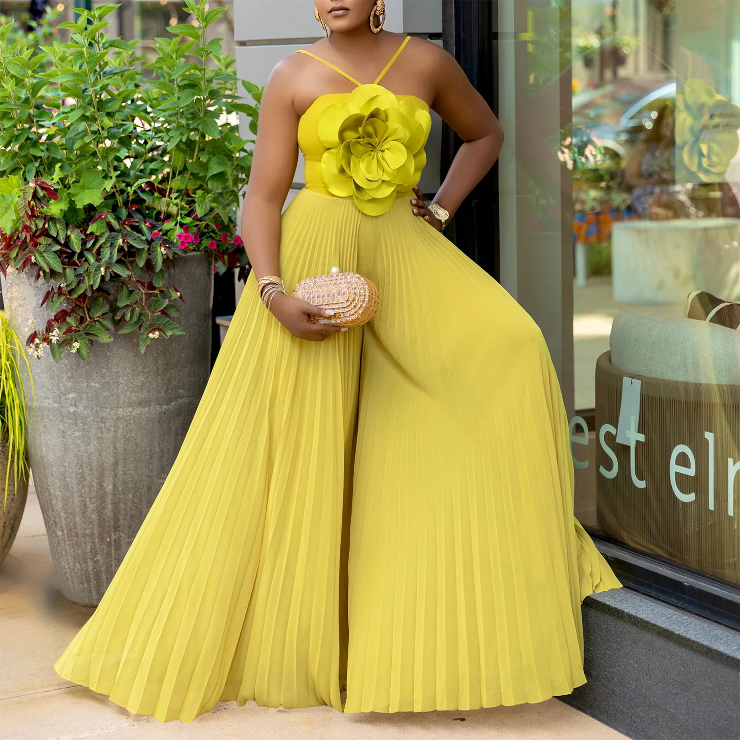 Latest Design Summer Female Jumpsuit Women Halter Neck Three-Dimensional  Flower Solid Color Wide Leg Jumpsuits for Ladies