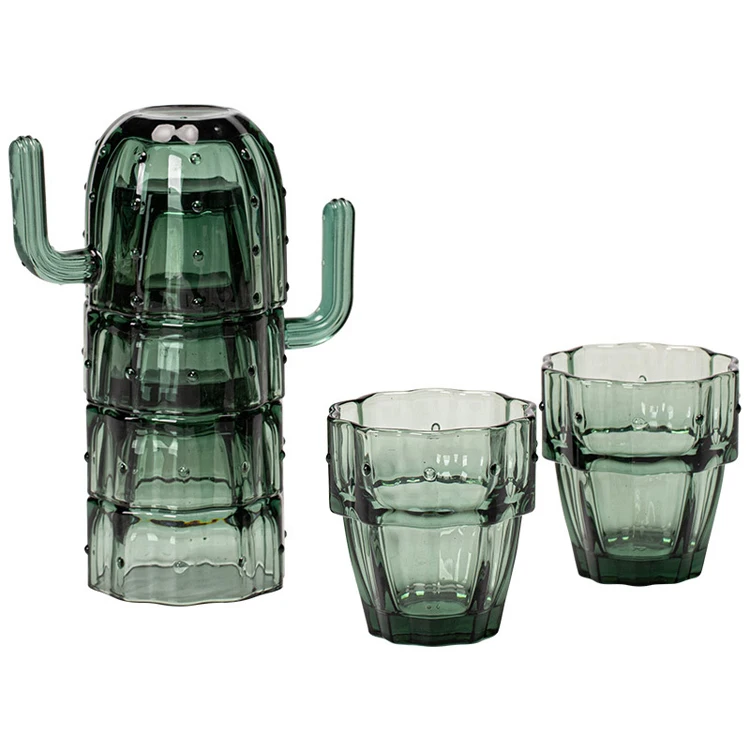 Cactus Shape Stackable Glasses Set of 4-6 Green Glass Cups for Water,  Juice, Eco-Friendly Drinkware for Home & Restaurant