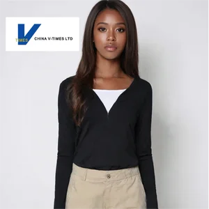 China V-Times Women's Casual Long Sleeve T-Shirt Autumn New Release Solid Knitted Fake Two-Piece Ruched Base Invisible ZipperTop