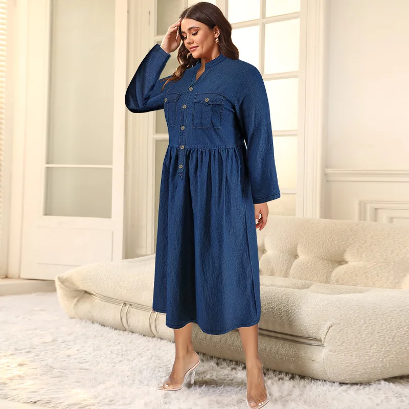 denim dress large size spring Plus Size Denim Dress: Blue Midi Jean Dress Plus Size - Babydoll Off Shoulder Dresses