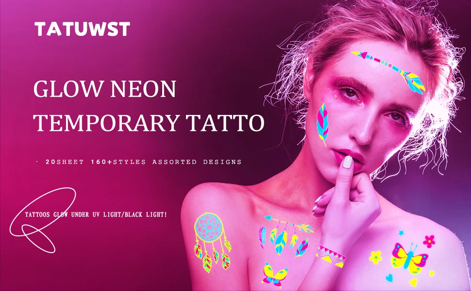 Fluorescence UV Neon Waterproof Tattoos for Makeup Rave Music Festival UV Black light For Women