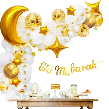 66 Pcs Eid Mubarak Banner Moon Star Foil Balloon Arch Garland Confetti Latex Balloons Eid Party Decorations For Home
