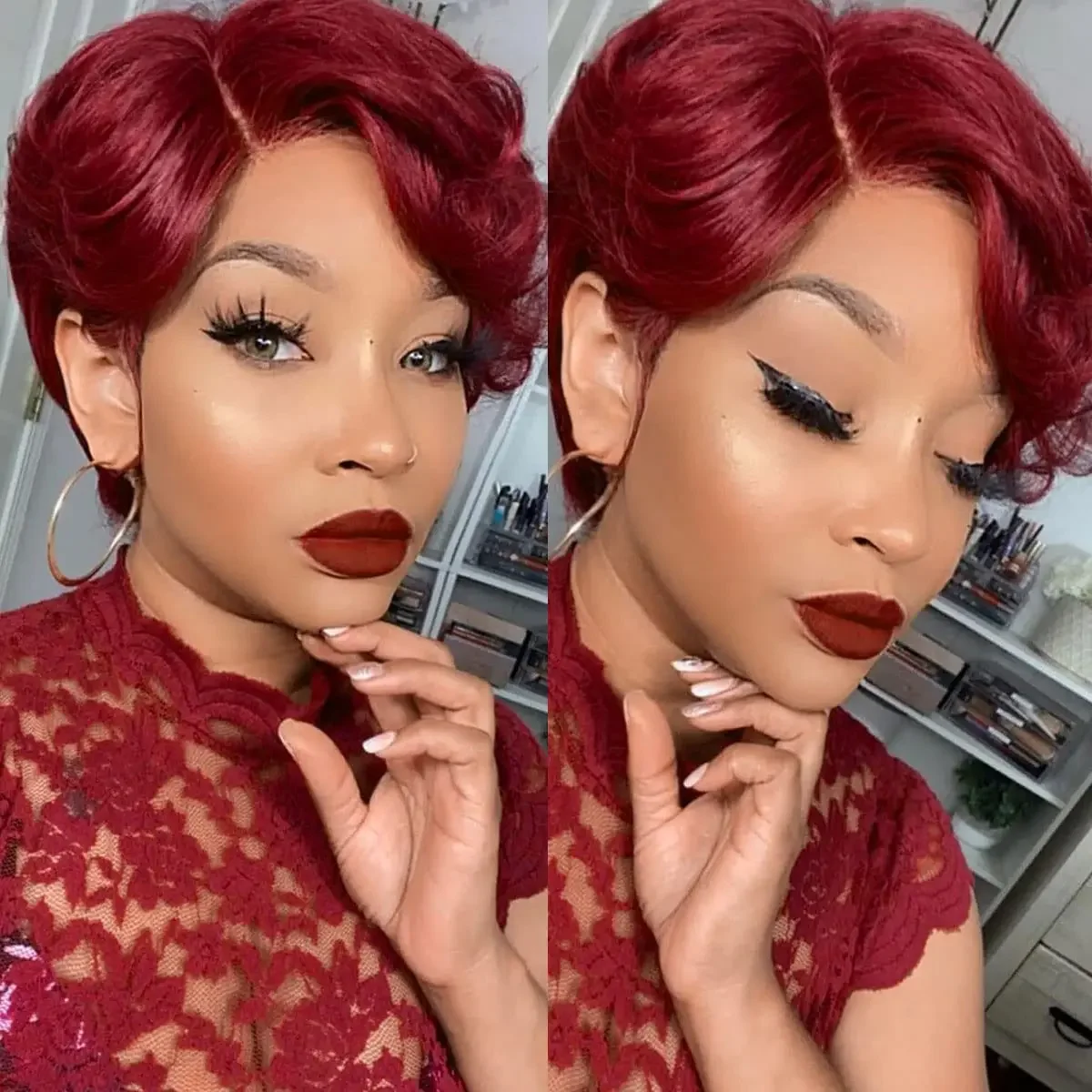 Pixie kirpimo perukas, permatomi nėriniai, žmogaus plaukai, perukai moterims, tiesūs, trumpi, Bobo formos perukai, T dalies, nėriniai, išpešioti, braziliški žmogaus plaukai_voghion.com