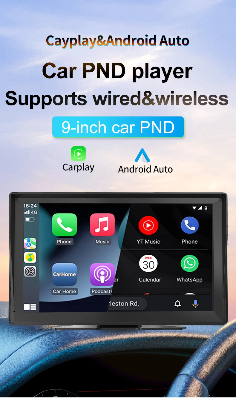 9 Inch Wireless Carplay & Android Auto Portable Car Stereo HD Touch Screen Multi-media Player with Mirror Link AUX BT Connection