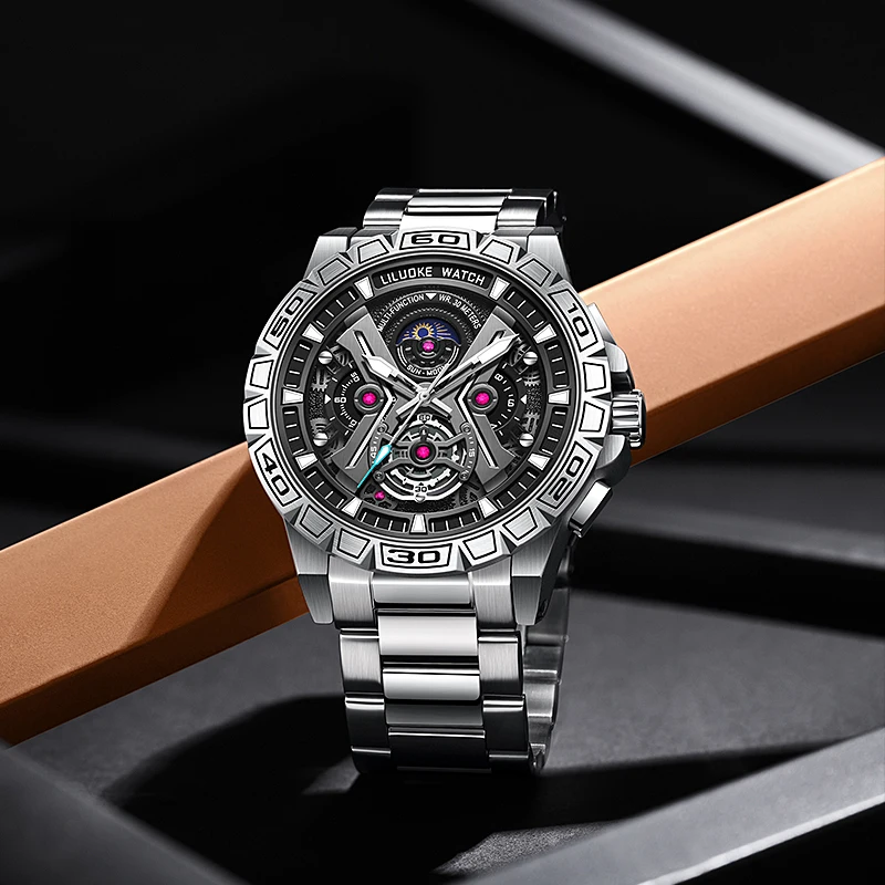 LILUOKE Luxury Top Brand Men Watches Big Dial Watch Face Stainless Steel Big Male Wristwatch Pilot Quartz Sports Watches for Man