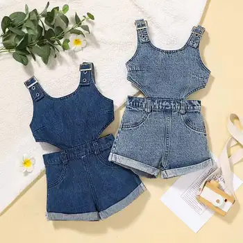 RTS 2022 New Korean style summer short-sleeved lapel high waist one-piece jeans jumpsuit for children and girls