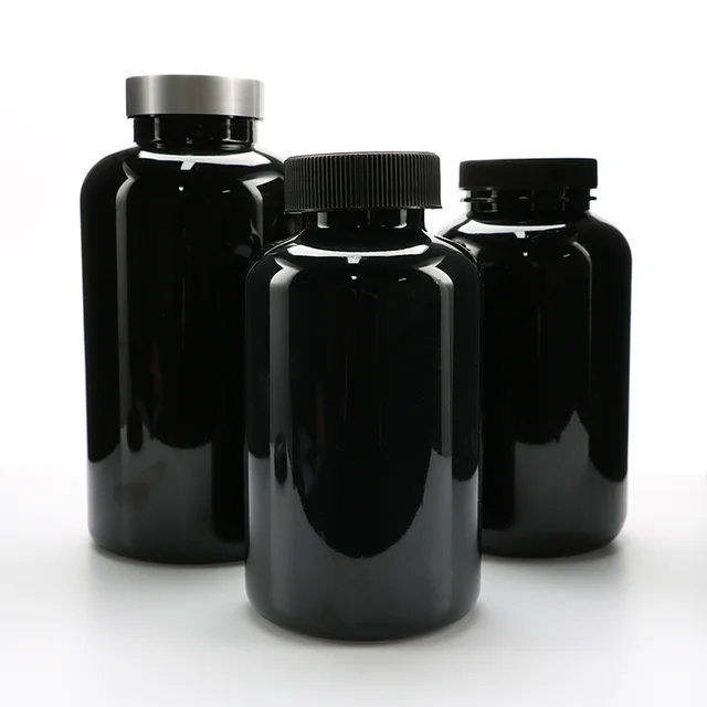 100cc 150cc 180cc 200cc 250cc Glossy Black Capsule PET Bottle with varies caps for storing supplements, varies capsules