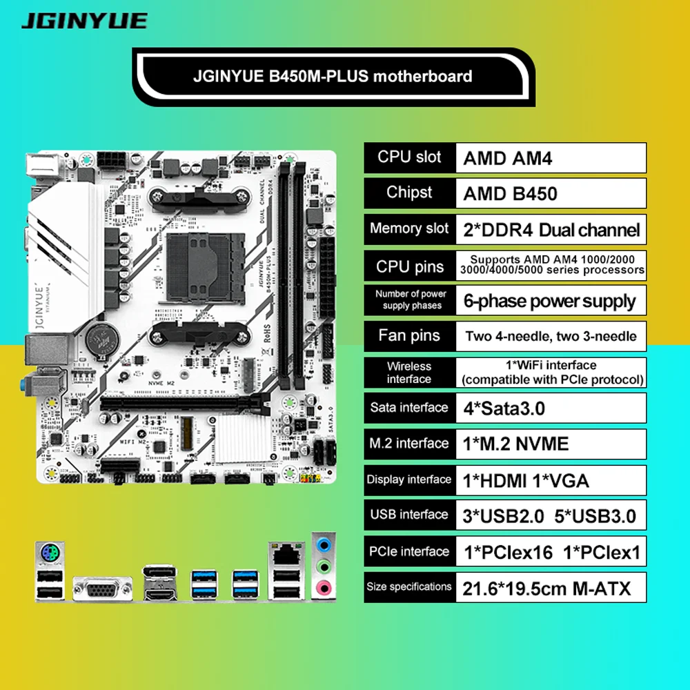 JGINYUE B450M-PLUS Gaming Motherboard 32GB DDR4 Support