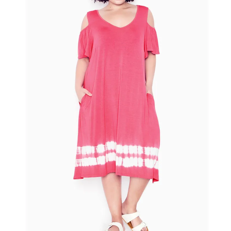Custom Design Cut Out Shoulder Side Pockets Summer Women Pink Casual Plus  Size T-shirt Dresses