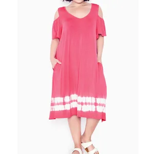 Custom Design Cut Out Shoulder Side Pockets Summer Women Pink Casual Plus Size T-shirt Dresses