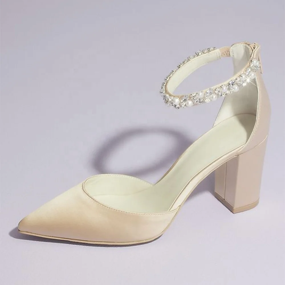 Elegant Bride Ankle Strap Pointed Toe Block Chunky Heel Wedding Shoes Party Women High Heels