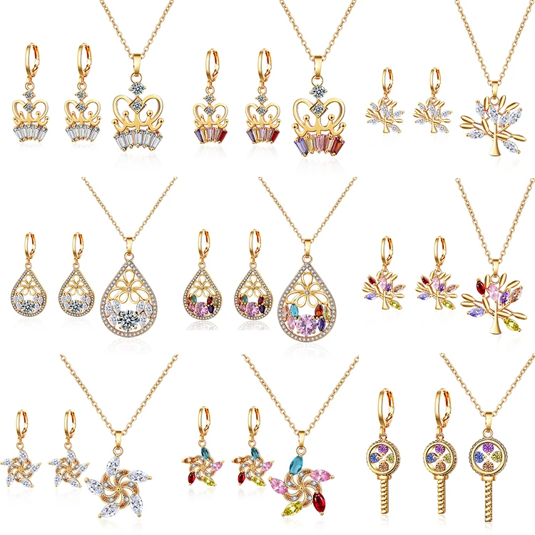 Colorful dubai cheap bridal 18k gold plated zircon necklace and earrings jewelry set
