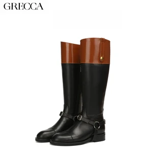 Women's Western Knee-High Boots Black Brown Color Block Genuine Leather Side Zipper Closure Chunky Heel Stylish Design