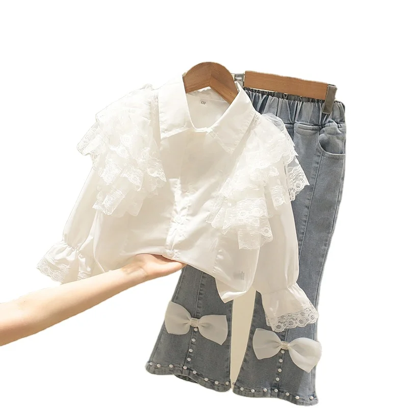 Новинка, осенняя кружевная рубашка с кукольным воротником для девочек и джинсовый костюм с бантом