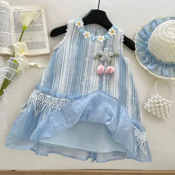2025 Summer Casual O-Neck Baby Girls Slip Skirt Vacation Hollow-out Overalls Sweet Three-dimensional Flower Girl's Skirt