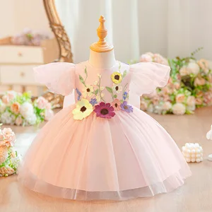 Boutique Collection Solid Flowers Custom Printed Satin Girls Princess Ball Gown Party Dress O-Neck Knee-Length Breathable