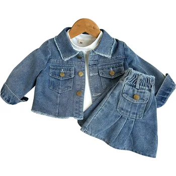 Baby Girl Clothing Set Spring and Antumn Blue Retro Lapel Long-sleeved Denim Coat Pleated Skirt Fashionable Two-piece Suit