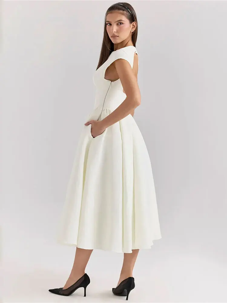 Elegant White Backless A-line Sexy Maxi Dress For Women Gown Hollow Out  Sleeveless High Waist Club Party Pleated Dress