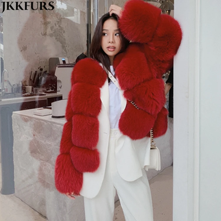 Jancoco Women's Cropped Blue Fur Coat - Genuine Finland Fox Fur