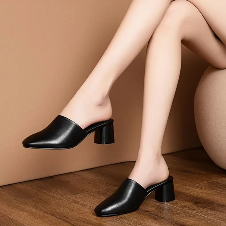 Baotou half slippers spring and summer new green high heels solid color square head thick with sandals