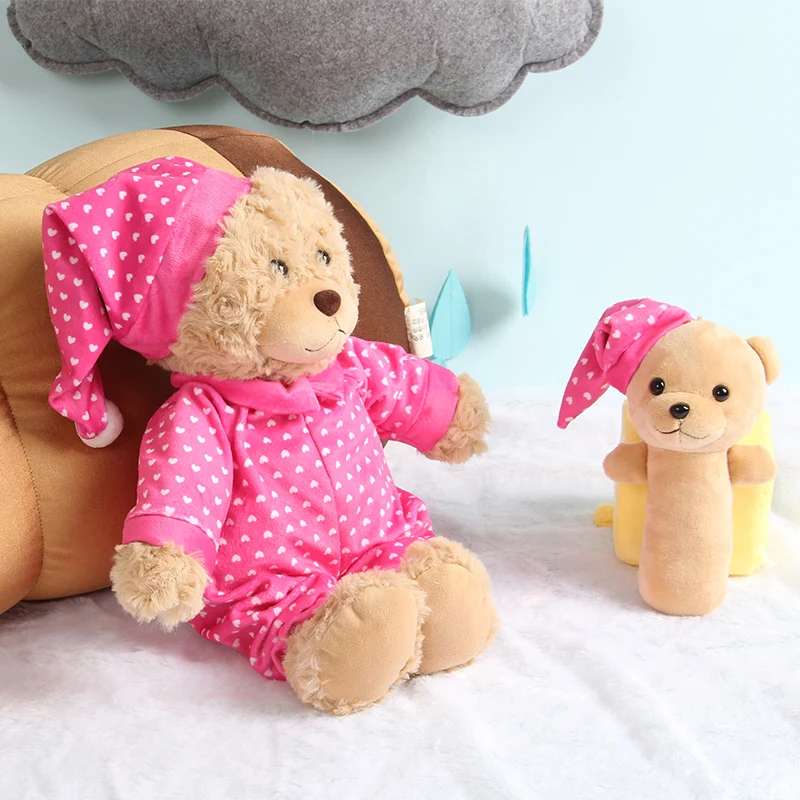 New Design Custom Plush Animal Hug Baby Sleep Comfort Rattle Toy Sleeping Bear