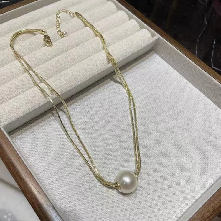 2025 Minimalist Design Double Layers Pearl Necklace Trendy Gold Plated Flat Snake Chain Stainless Steel Necklaces for Women