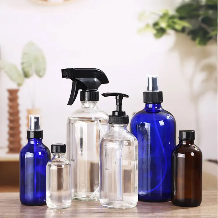 120ml 240ml 500ml 1000ml Cobalt Blue Amber Glass Spray Hand Sanitizer Bottle with Atomizer for Lotion Soap Dispenser