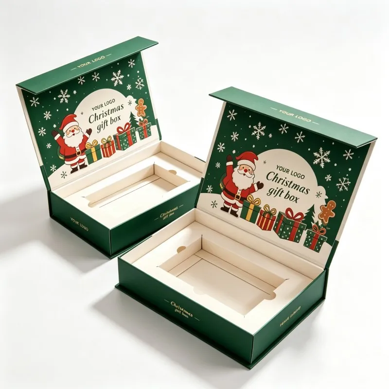 Pakkettur Rigid għall-Ġid bil-Milied b’Koperta li tifta’ b’mod speċjali, b’logu personalizzat u stampa ta’ Santa Claus, b’Inserzjonijiet ta’ Kartun u b’Magna, Pakkettur Festivu b’Magna