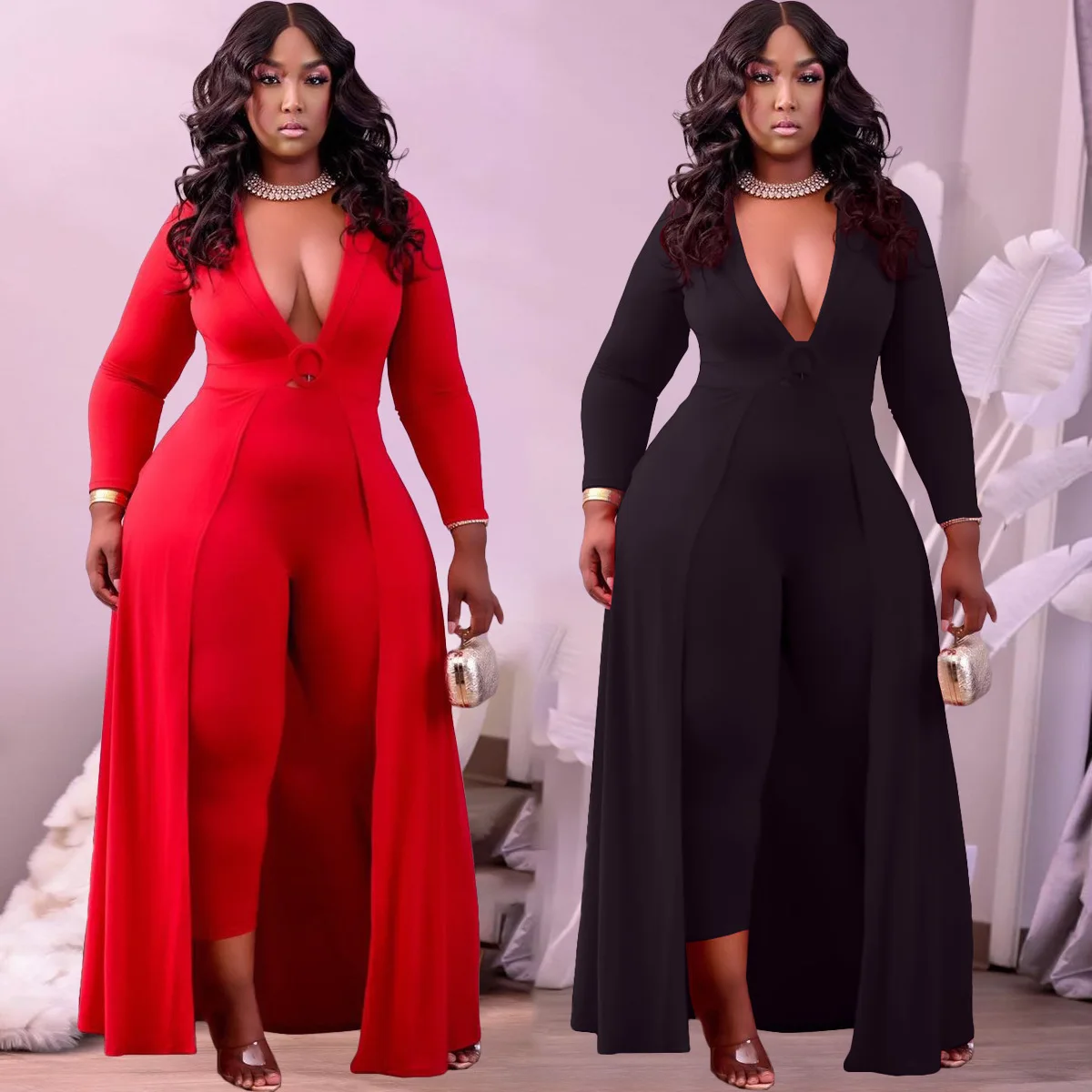 New Fall Jumpsuit Plus Size Womens Clothing Solid Color Long Sleeved V