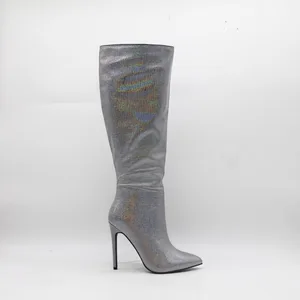 BUSY GIRL HQ1149 Women's Knee High Boots Silver Pointed-toe Women's Boots Autumn and Winter Elegant High-top Stiletto Heel Boots