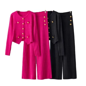 New Arrivals Casual Loose-Fitting Striped Knit Sweater Set V-Neck Long Sleeve Cardigan Knitted Button Top Coat Wide Leg Set