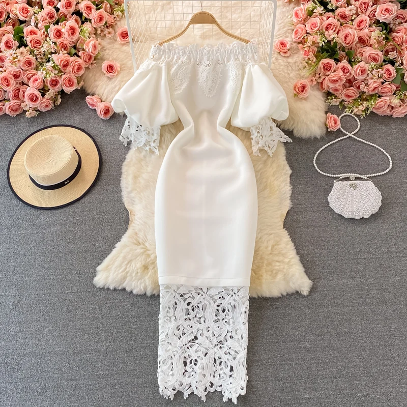 chinese dress ladies Momyknows White Lace Sheer Bodycon Elegant Cocktail Party Maternity Baby Shower Maxi Dress White / M