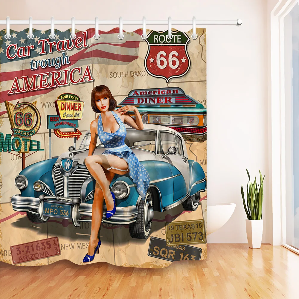 Mobil Perjalanan Melalui Amerika Retro Biaya Gadis Seksi Shower Tirai Rute  66 Kamar Mandi Kain Untuk Bak Mandi Dekorasi Dengan Kait - Buy Mobil  Perjalanan Melalui Amerika Retro Biaya Gadis Seksi Shower