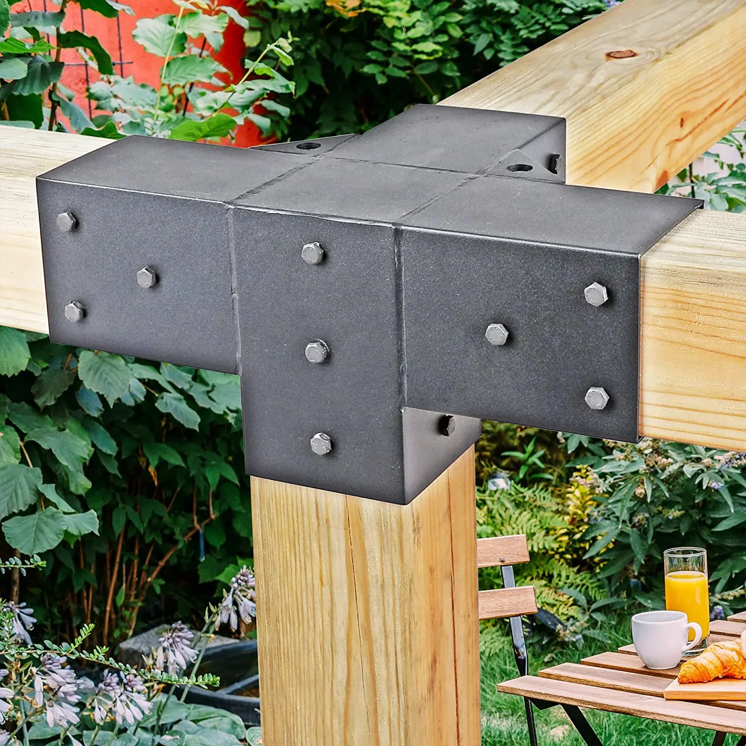 Vlaeng Pergola-Set – 4 Stück 3-Wege T-Verbinder Für 4x4 Holzpfosten, Inkl. Schrauben, Stahl Gartenverbinder