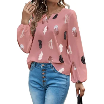 2024 Latest Customized Women's Plus Size Summer Shirt Plus Size Loose Feather Print V-Neck Casual Shirt Long and Fashionable