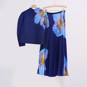 Autumn Women's Elegant Two-piece Design Elastic Long-sleeved Top and Skirt Set Printed Chiffon 2025 New Style