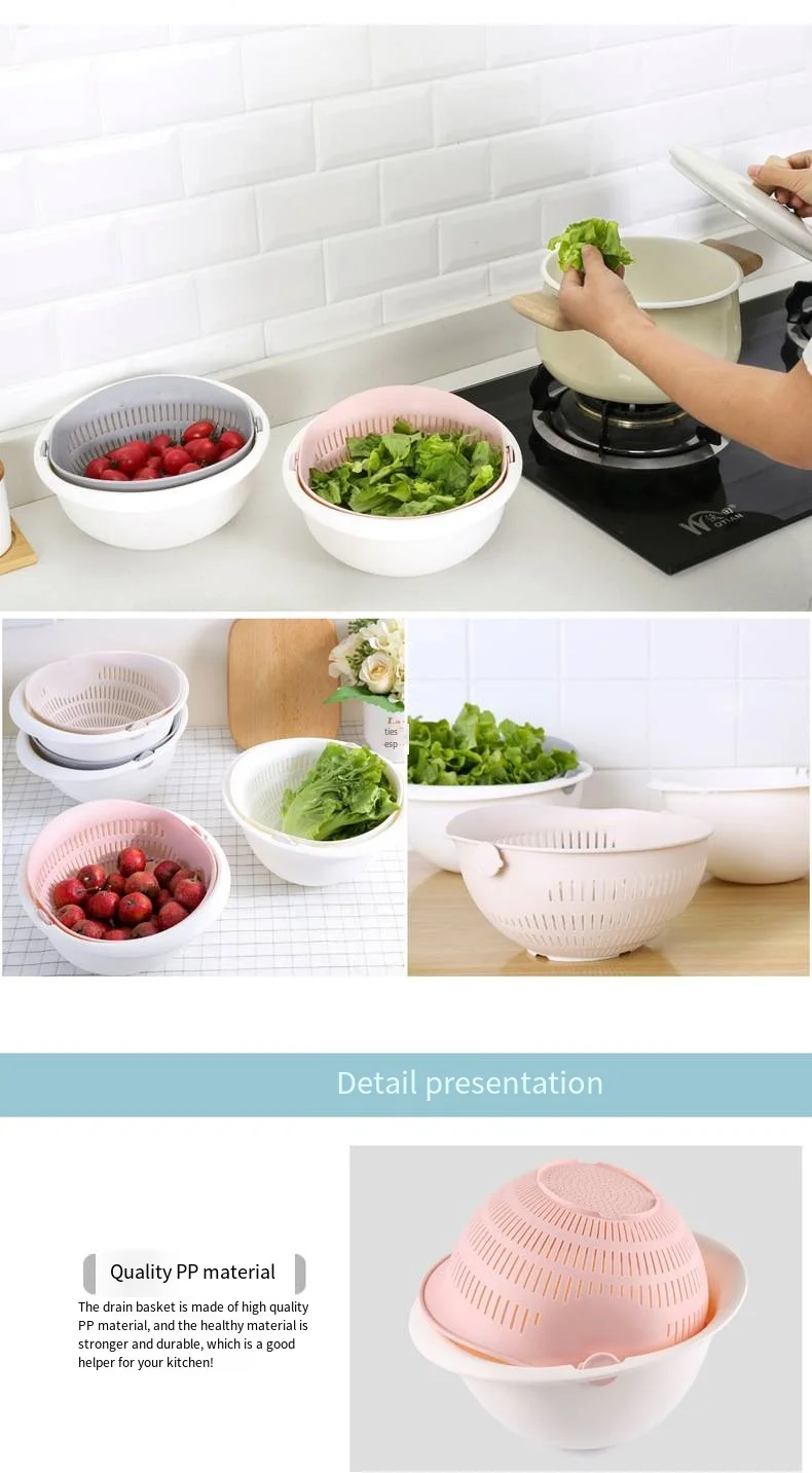 Household creative double washing basket drain basin can rotate plastic fruit basin kitchen washing vegetable filter basket factory