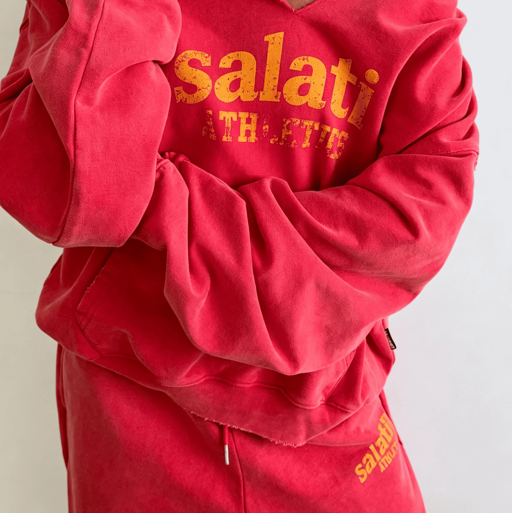 Bulk Supplier Red Vintage Washed Hoodie Chest Print Sweatpants Two Piece Relaxed Fit Casual Men Tracksuit Set gallery 2