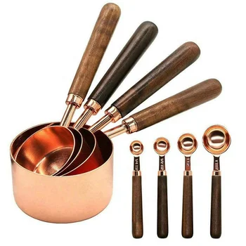 Set of 8 for Measuring Baking Rose Gold Stainless Steel Walnut Handle Measuring Cups and Spoons Set