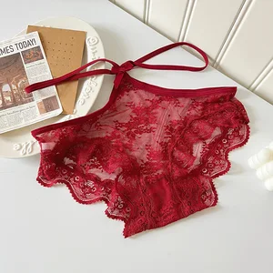 Half-Translucent Knitted Lace Bikini Butterfly Knot Bow Decorations Both Sides Hollowed-Out Design Seamless Seductive Women's