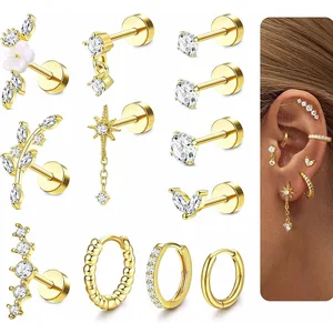 Gauge Cartilage Earrings Women Flat Back Hypoallergenic Stainless Steel Gold Plated Small Stud Hoop Cartilage Earring Stack Set