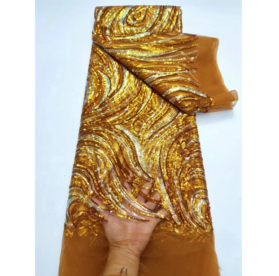 French Net Lace With Sequins African Lace Fabric Unique or Standard Wholesale Price Golden Lace Fabric for Wedding Dress
