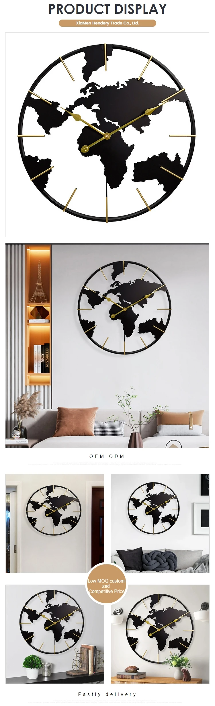 60cm Earth Globe World Map Wall Clock Made Of Metal With Modern Art For