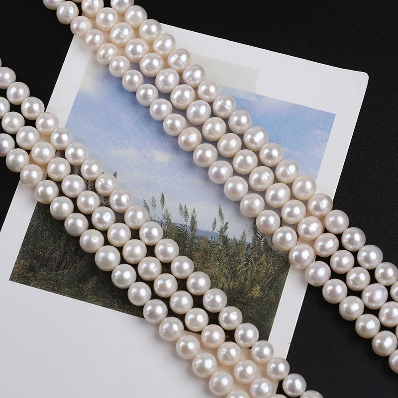 Zhuji Pearl Market Natural White Color 7-8mm Near Round Shape Freshwater Pearl Strands for Jewelry Making