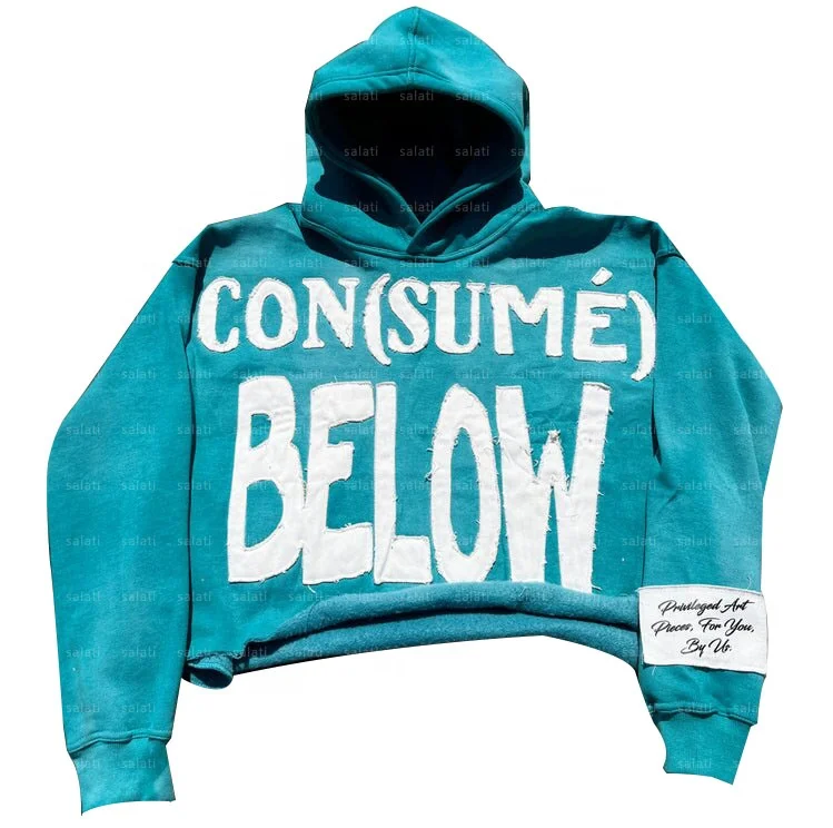 Customized Pullover Acid Wash Raw Hem Sun Faded Cut and Sew Cotton Hoddies Applique Stitch Patch Embroidery Cropped Hoodies Men gallery 3