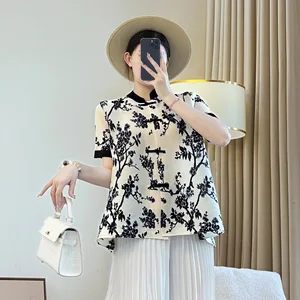 Miyake Women's High-End Short Sleeve Loose Shirts New Chinese Fold Design High Quality Factory Wholesale Blouse Available Large