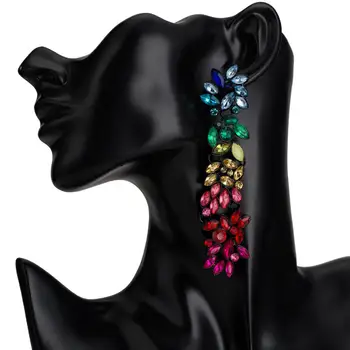 Fashion Boho Luxury Rhinestone Acrylic Statement Earring Crystal Long Flower Rainbow Drop Earrings For Women