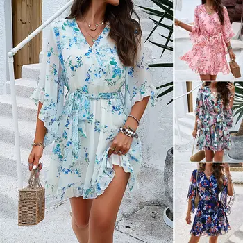 Women's Spring/Summer 2024 Temperament Elegant Printed Beach Vacation Lace-up Dress