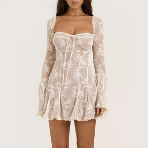 2026 Autumn Clothes Square Neck Long Sleeve Flare Comfy Women Elegant Lace Floral Dresses